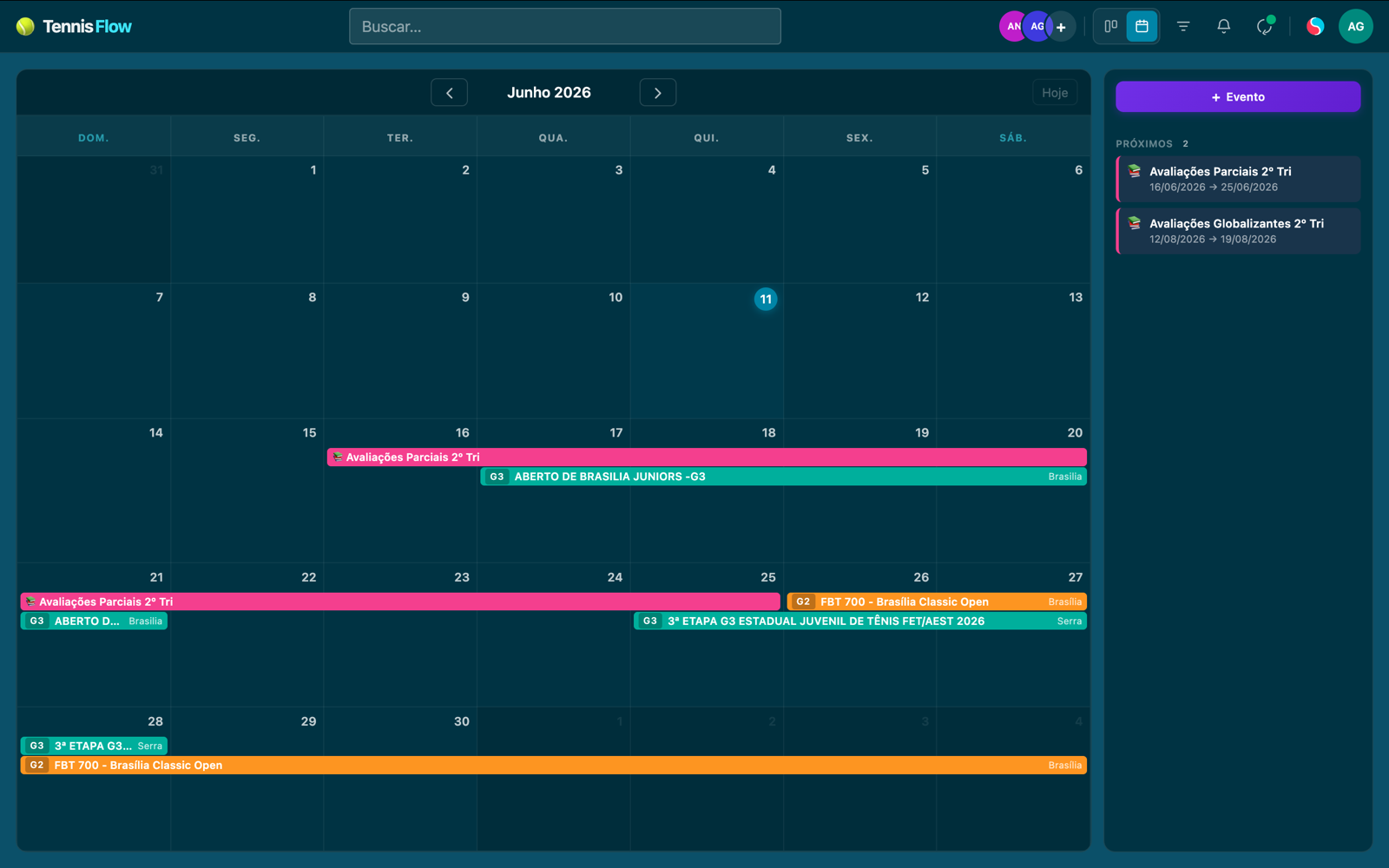 Calendário mensal do Tennis Flow no desktop
