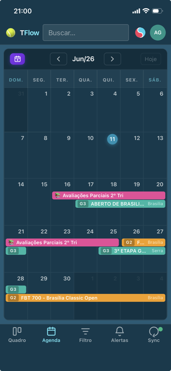 Agenda do Tennis Flow no smartphone