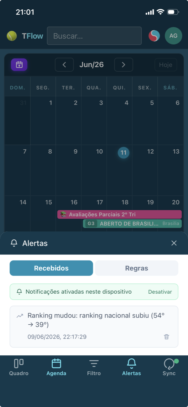 Alertas do Tennis Flow no celular